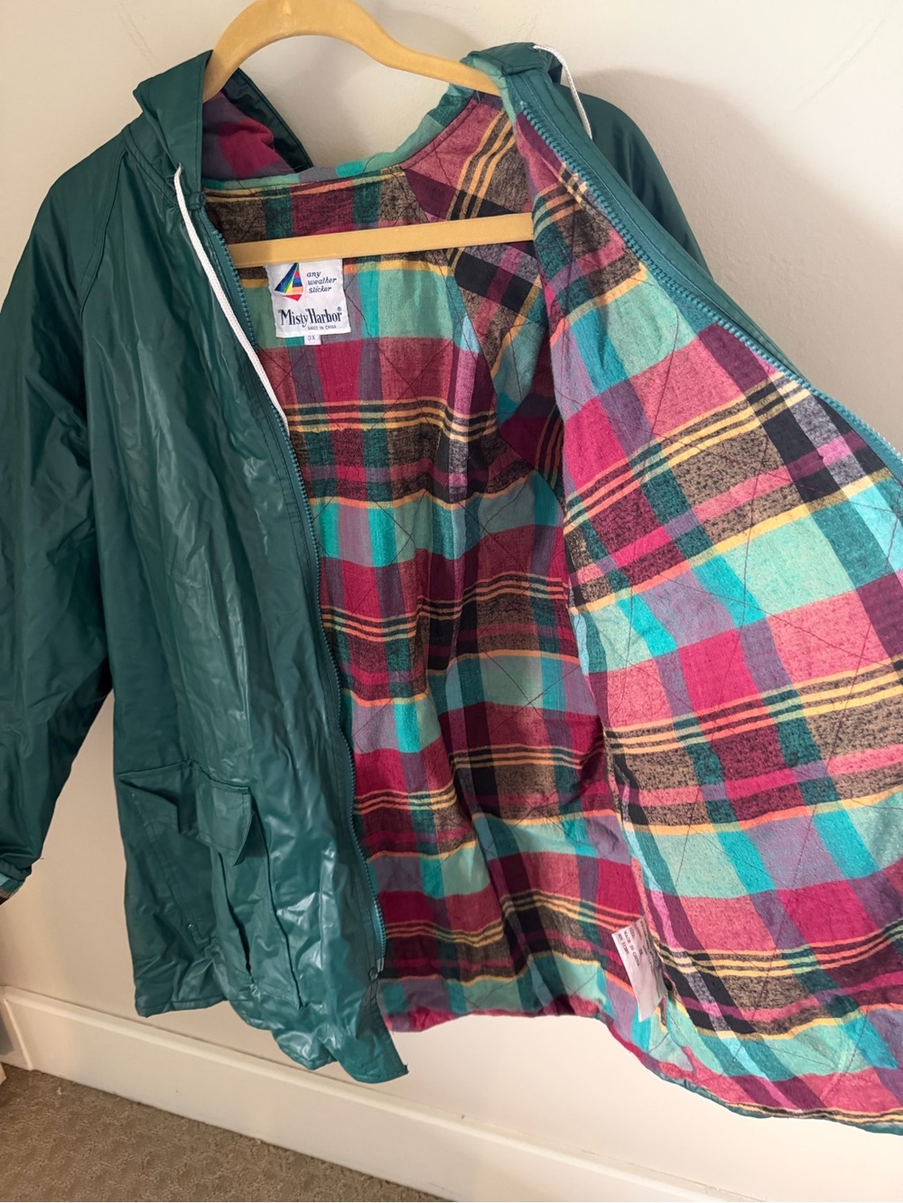 Vintage Misty Harbor Teal Hooded Raincoat with Plaid Lining 3X